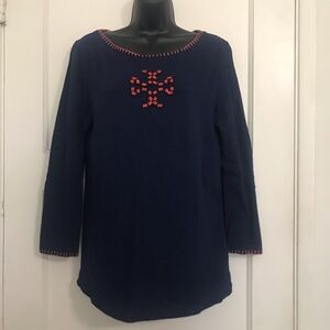 ✔️Tory Burch Navy Blue Top with Orange Embroidery 🧡